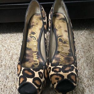 Sam Edelman cheetah print fur peep toe heels